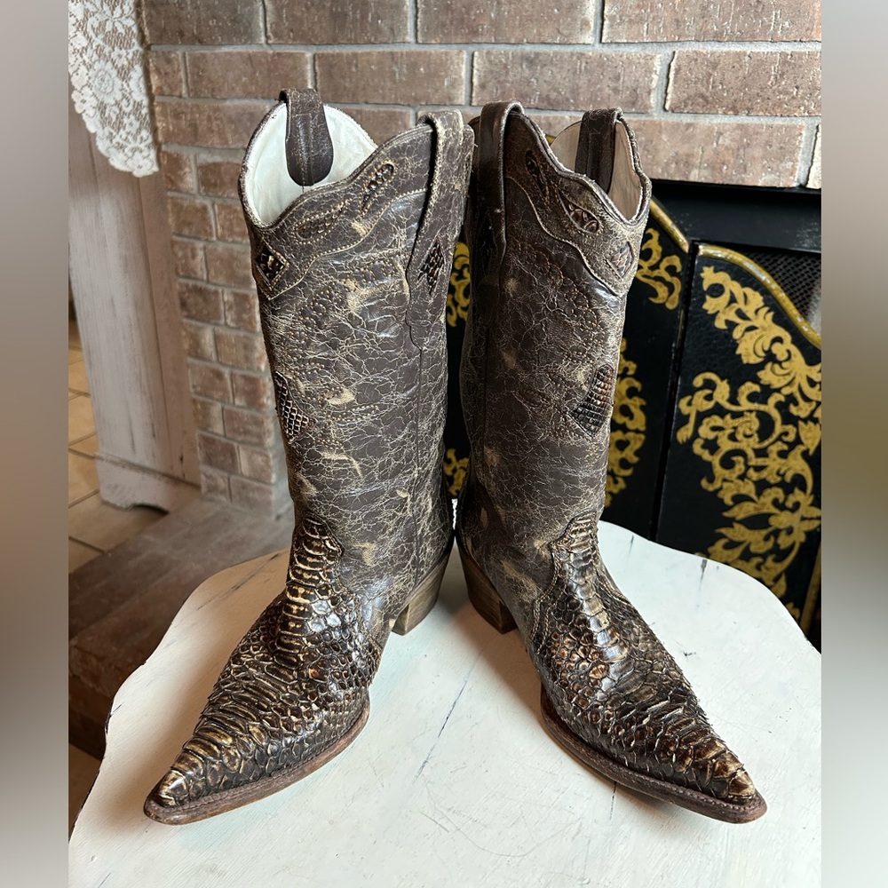 FRIDA CUADRA Women’s US 9/26 Brown Python Snakeskin Western Cowgirl Heeled Boots